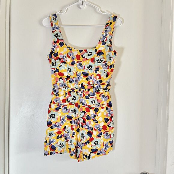 BCBG Generation Multicolor Foral Sleeveless Romper Button Up Belted Sz 4 Linen - Picture 4 of 12